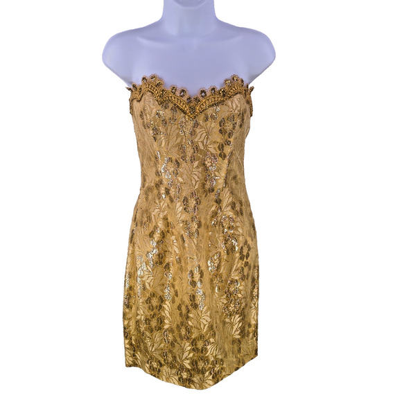 VTG Gunne Sax Jessica McClintock Dress Womens 7/8 Gold 90s Prom Sequin Party - Picture 1 of 12